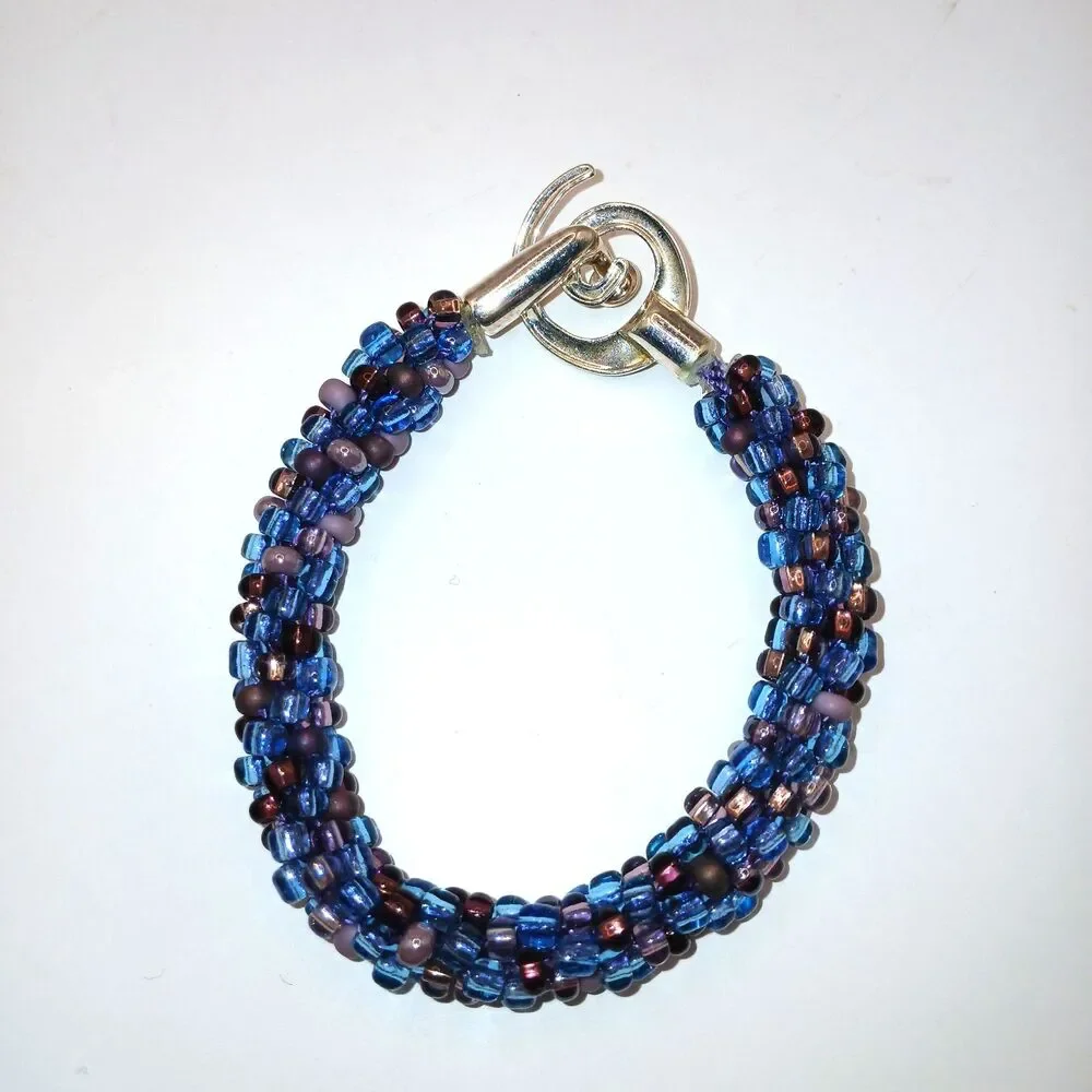 Jewelry Bracelet Kumihimo Braided Blue & Purple Seed Beads Handmade 7.5 in